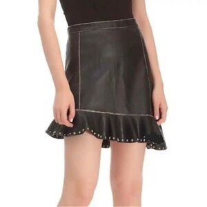 Zara Black Trumpet Mini Skirt with Ruffled Studded Hem Faux Leather Moto Size L